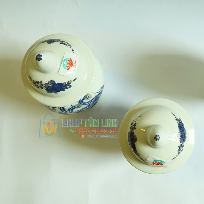 Choé thờ cúng / hũ đựng nước gạo muối vẽ vàng đồ thờ cúng gốm sứ Bát Tràng men xanh kim Shoptamlinh