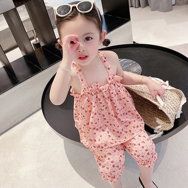 Bộ Áo Hai Dây Họa Tiết Hoa + Quần Dài Phong Cách Hàn Quốc Cho Bé Gái