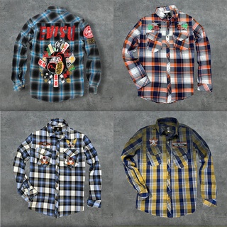 Áo sơ mi evisu sọc caro thêu to kín lưng chất vải dằn dặn, áo sơ mi three cltn thêu cao cấp kẻ loang K3 STORE