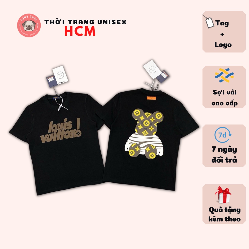 Áo thun nam cổ bẻ tay ngắn Gấu LV màu đen form 40kg đến 75kg chất liệu vải cao cấp Thời trang Unisex HCM NF14