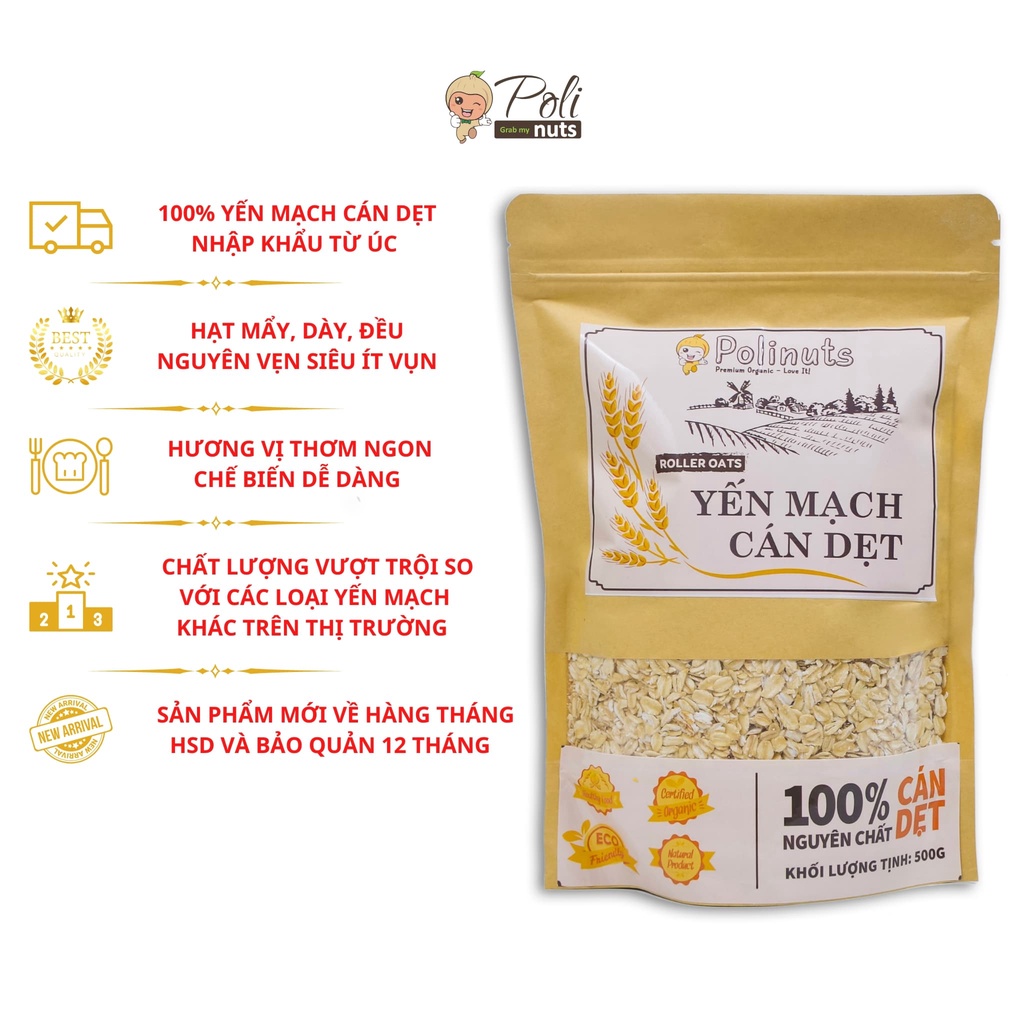 Yến Mạch Giảm Cân Cán Dẹt Tươi Nguyên Cám Nguyên Chất Nhập Khẩu Úc 200g 500g Polinuts