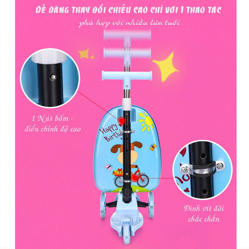 Vali kéo cho bé kèm xe trượt scooter, vali cho bé size 16inch nhựa cao cấp màu xanh hồng
