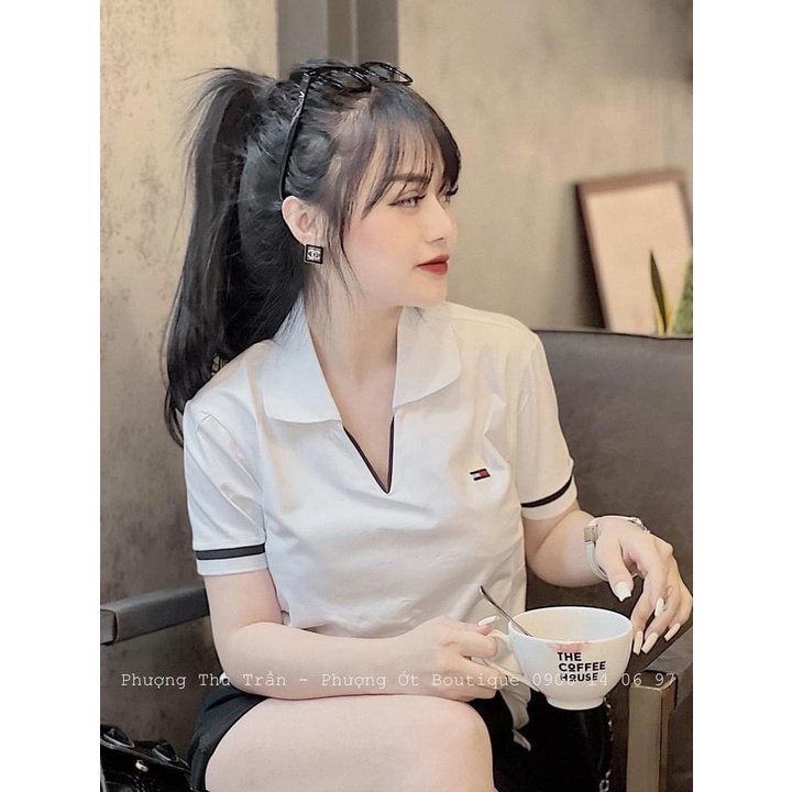 Áo polo nữ trắng tay ngăn cổ V phong cách hàn quốc