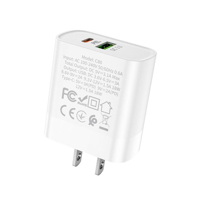 Cốc sạc 2 cổng USB Hoco C80 chân dẹp QC3.0 và Type-C PD20W Trắng