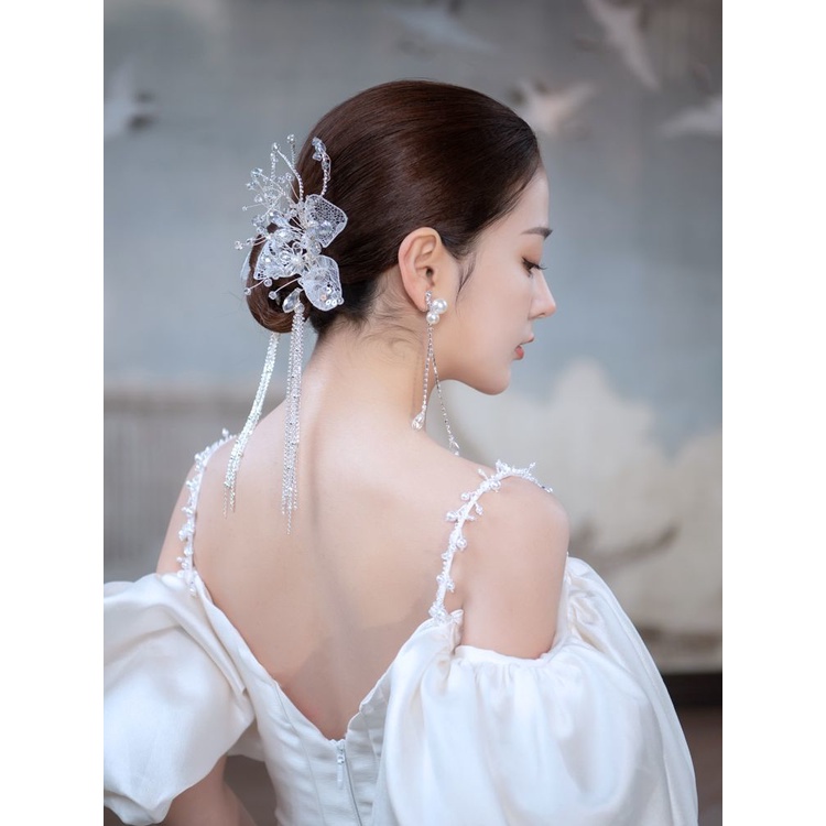 [Aishang Xinh Đẹp] Kẹp Tóc Phối Ren Tua Rua Màu Trắng Phong Cách Hàn Quốc Cho Cô Dâu