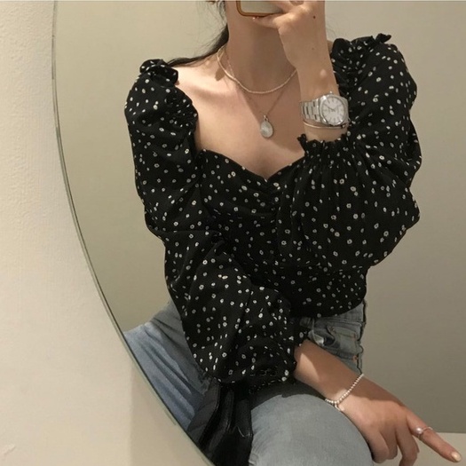 QADCOL   Áo Croptop Tay Dài Cổ Vuông In Họa Tiết Hoa Phong Cách Cổ Điển Thời Trang Cho Nữ