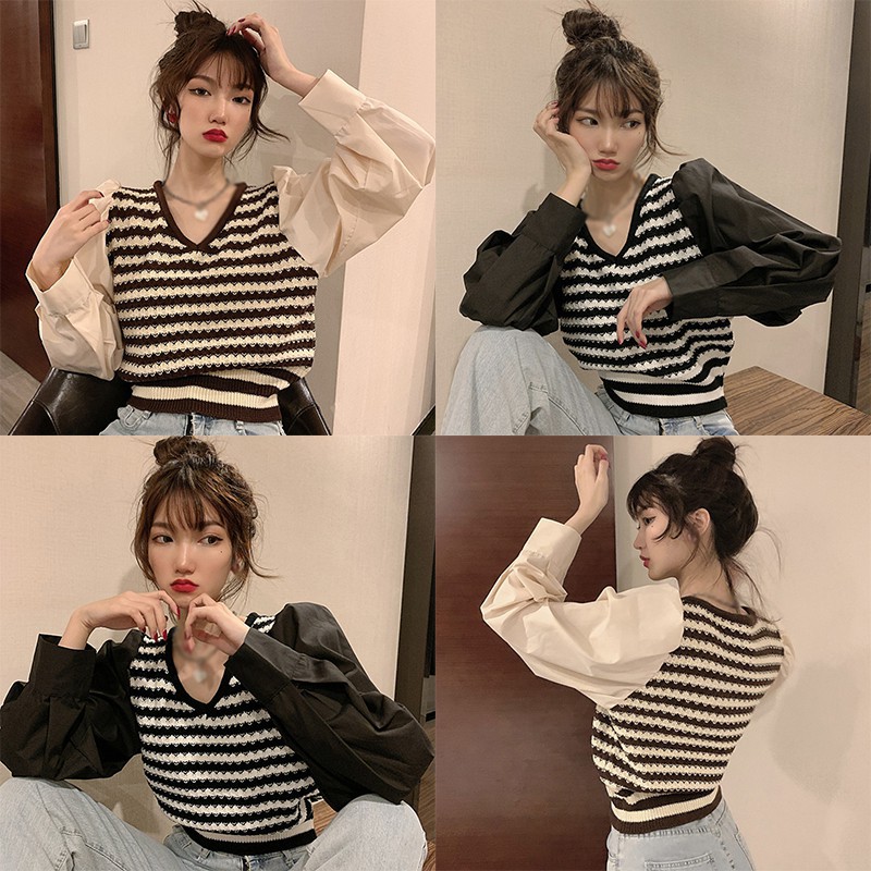 Áo Sweater Dài Tay Cổ Chữ V Kẻ Sọc Xinh Xắn Dành Cho Nữ