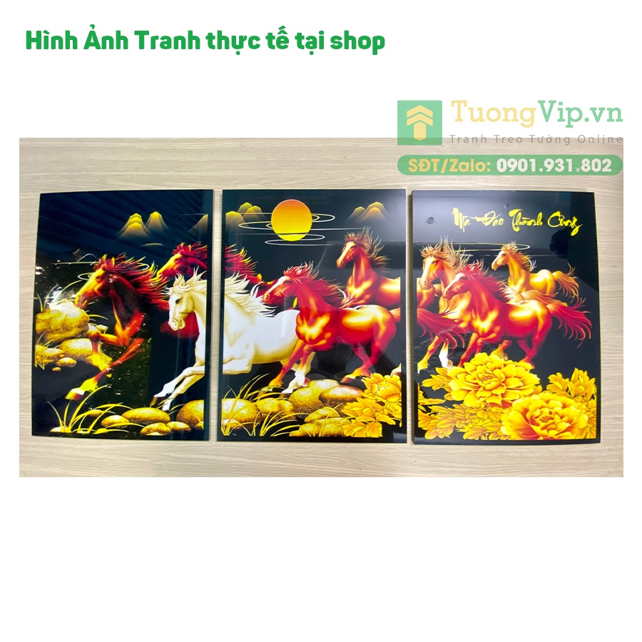 Tranh Laminate Tráng Gương - Tranh Treo Tường Mừng Tân Gia, Khai Trương Mã Đáo Thành Công 01 (Bộ 3 Tấm)