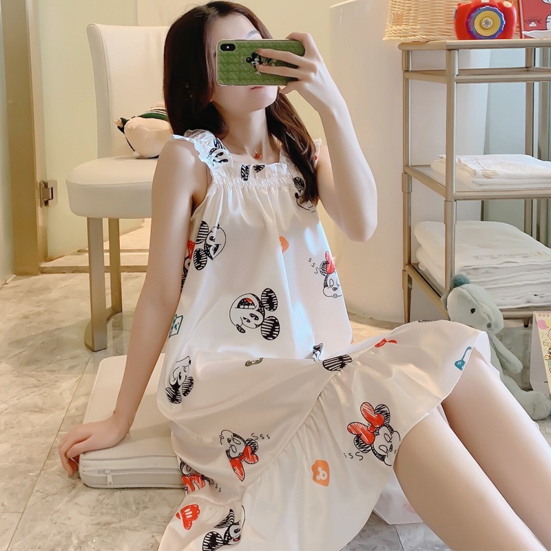 Váy Ngủ Nữ Bộ Đồ Ngủ Vải Lụa Mùa Hè Mặc Ở Nhà Hai Dây mềm, mát Dáng Hàn Quốc xinh đi chơi VN10