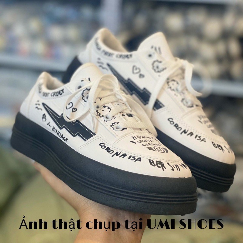 [HOT] Giày thể thao nữ GRAFFITI độn đế cao 4cm chữ kí họa tiết vẽ tay màu trắng đen dễ phối đồ đơn giản mẫu mới trend
