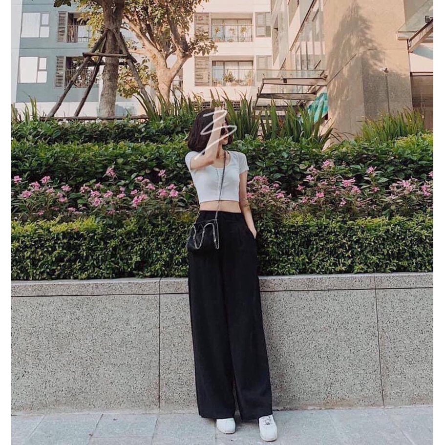 Quần Ulzzang ống rộng suông cúc trước lưng thun - Quần CULOTTES XUÔNG - Kẻ cá tính Ảnh thật | BigBuy360 - bigbuy360.vn
