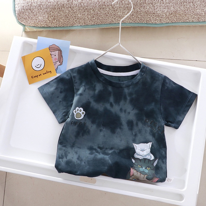 Áo Thun Tay Ngắn Vải Cotton Thoáng Khí In Hoạt Hình Mèo Kiểu Hàn Quốc Thời Trang Mùa Hè Cho Bé