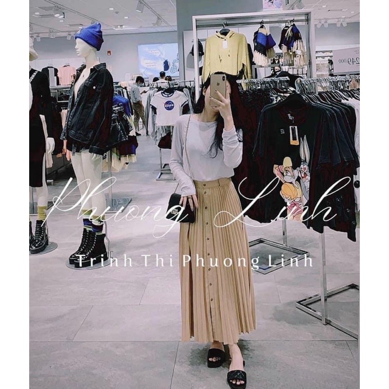 VÁY MIDI MÀU NUDE XẾP LY SIÊU ĐẸP