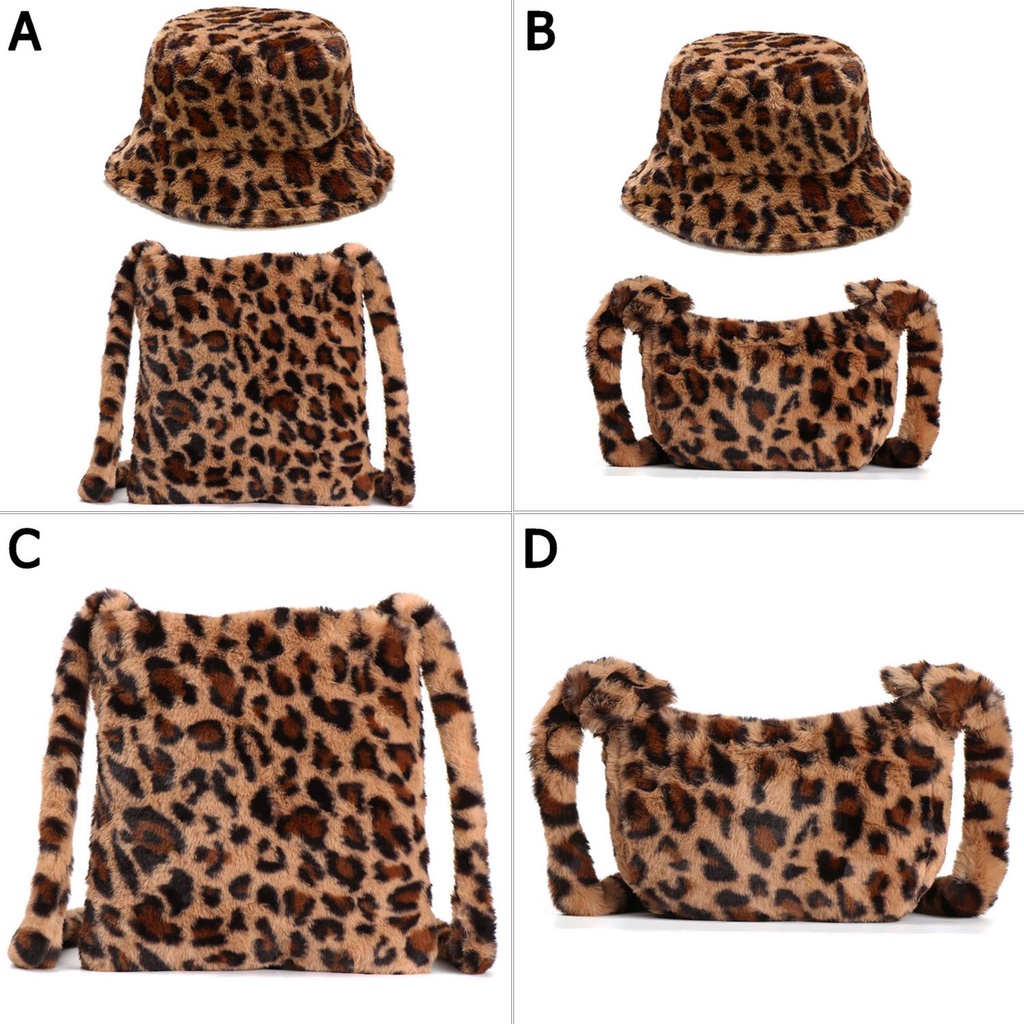 Túi xách đeo vai / nón tai bèo làm từ nhung mềm mại hoạ tiết da báo thời trang sành điệu cho nữ (có bán lẻ)