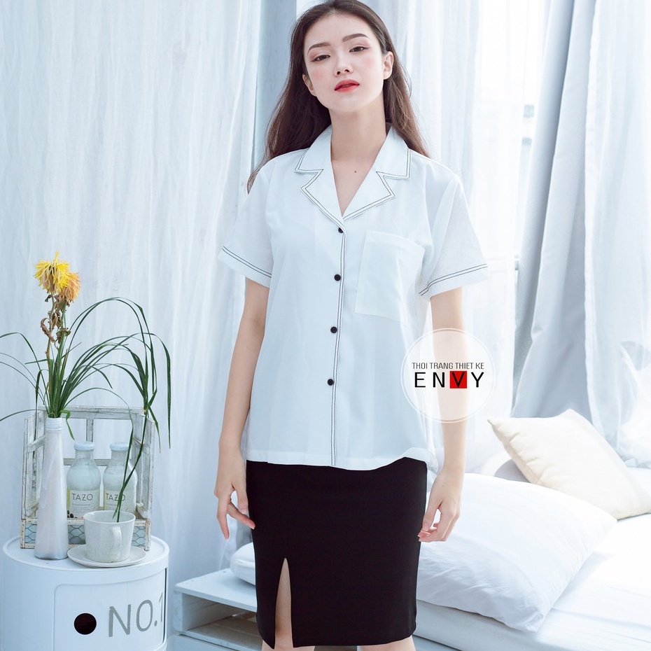 Áo Sơ Mi Tay Ngắn Nữ Cổ Vest Viền ENVY S0579