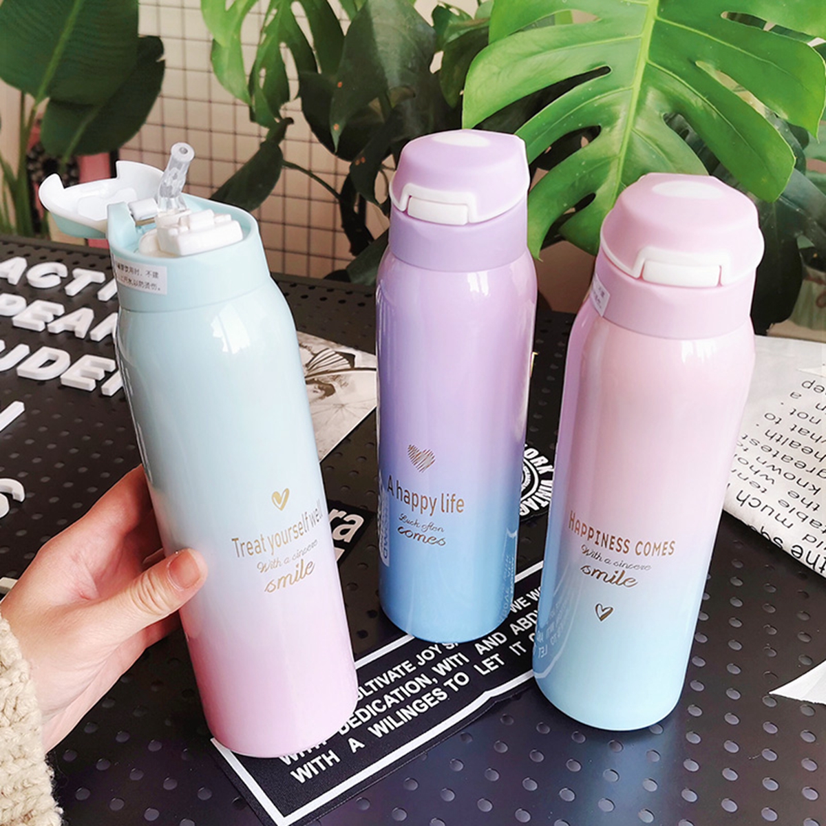 MXMIO 480ml Thermos Cup Tea Milk Coffee Water Bottle Vacuum Flask Gradient Color Creative Colorful Stainless Steel Mug Adults Kids Children Travel Tumbler/Multicolor