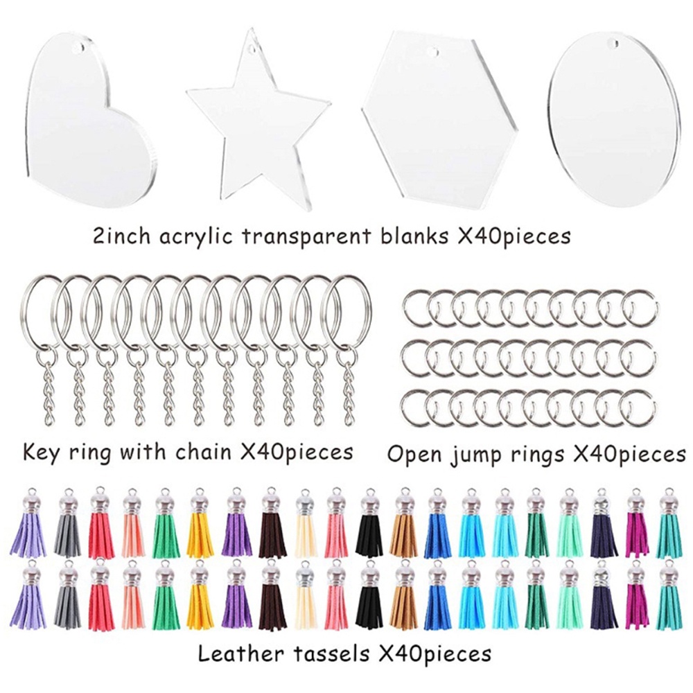 Set 120 Móc Khóa Hình Tròn Bằng Acrylic Trong Suốt Phối Da Tua Rua DIY