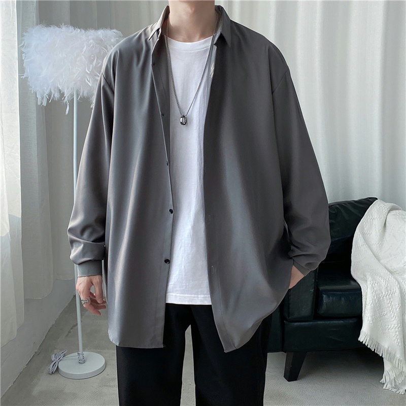Áo Khoác Sơ Mi Tay Dài Dáng Rộng Màu Trơn Thời Trang Retro Nhật Hàn Cho Nam