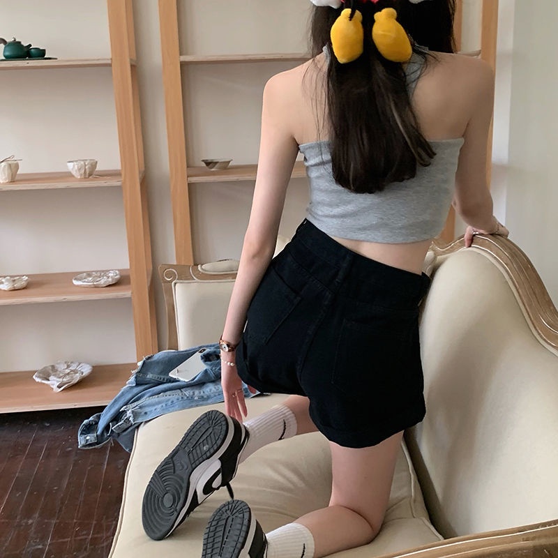 Quần Short Denim Đen Lưng Cao Viền Cong Thời Trang Mùa Hè Cho Nữ