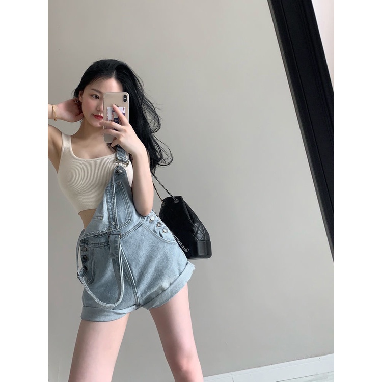 Quần Yếm Denim Dáng Rộng Lưng Cao Dễ Thương Thời Trang Mùa Hè Cho Nữ