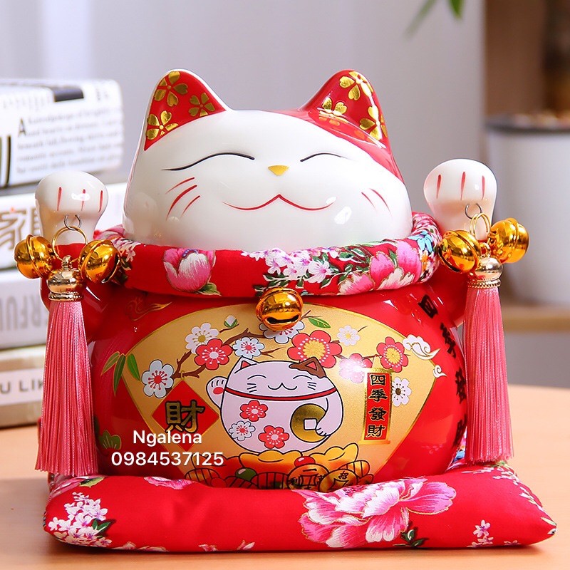 Mèo thần tài, mèo may mắn maneki neko phúc lộc viên mãn 20cm (kèm đệm)