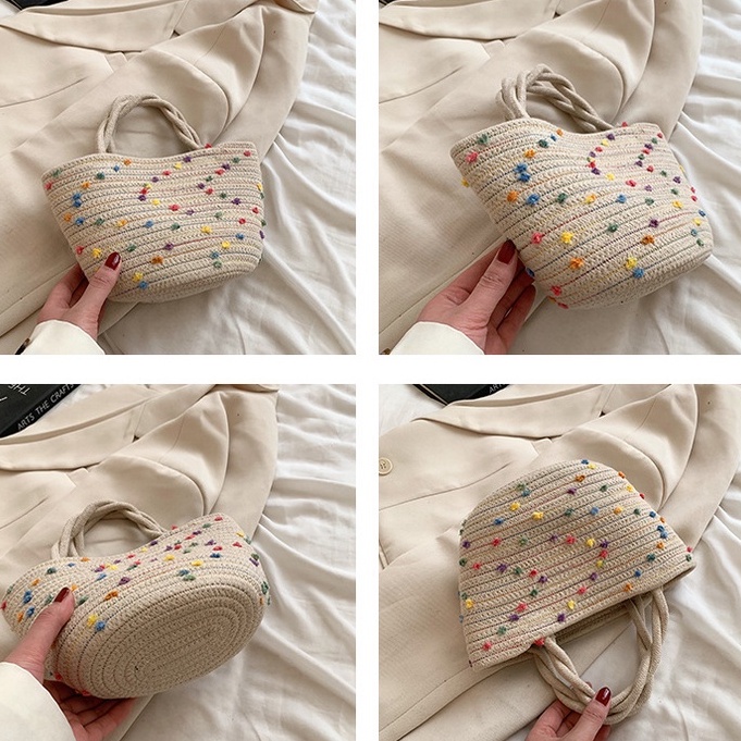 Túi xách dệt sợi mini có đính nơ ruy băng nhiều màu sắc phong cách Hàn Quốc mới thời trang dành cho nữ