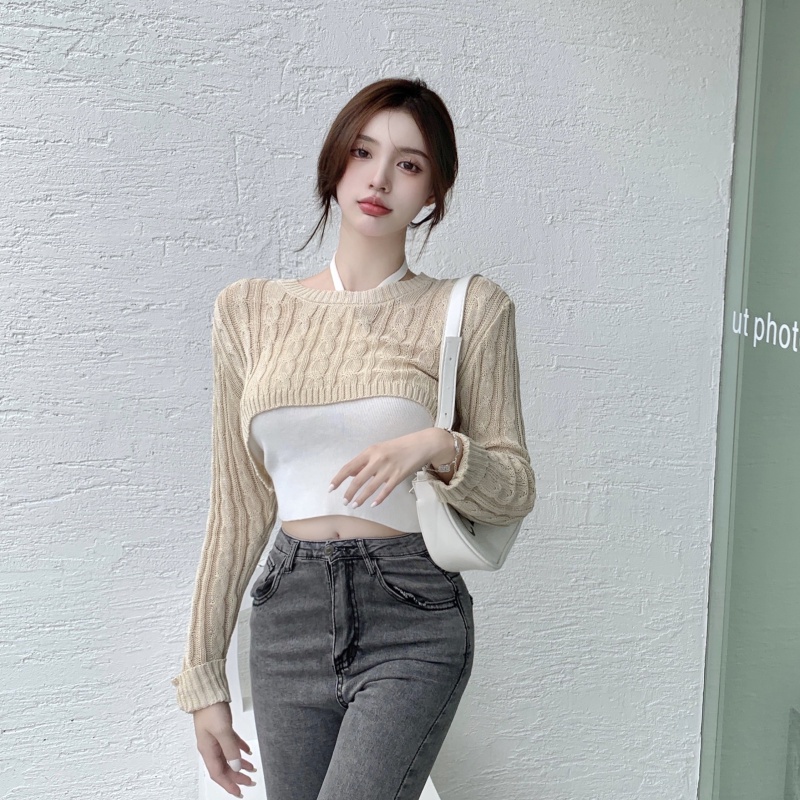 Áo Dệt Kim Tay Dài Dáng Ngắn Dễ Phối Đồ Hợp Thời Trang