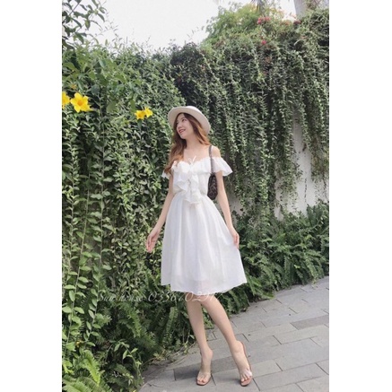 Đầm dự tiêc💕FREESHIP💕 Váy xòe 2 dây trễ vai bèo đan dây ngực