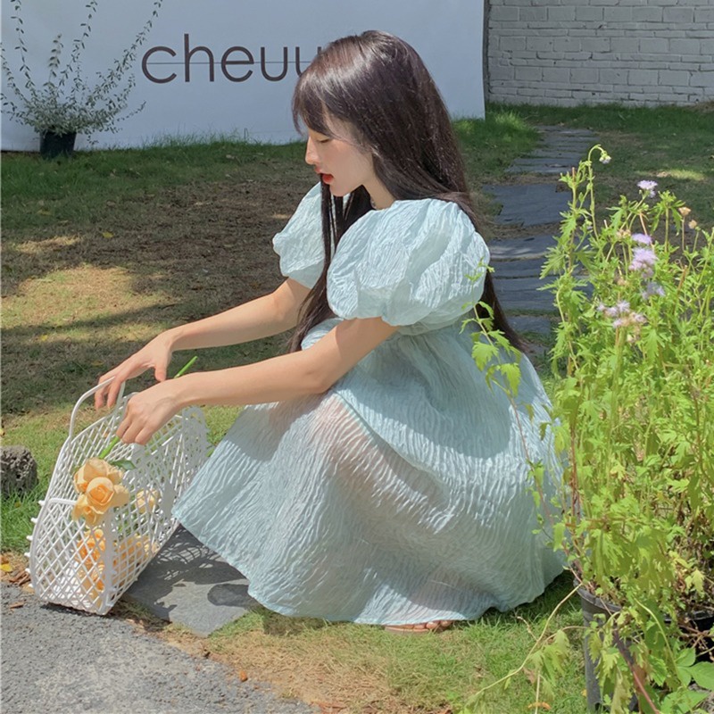 Đầm chiffon ZHELIHANGFEI tay ngắn màu đơn sắc phong cách mới thời trang cho nữ