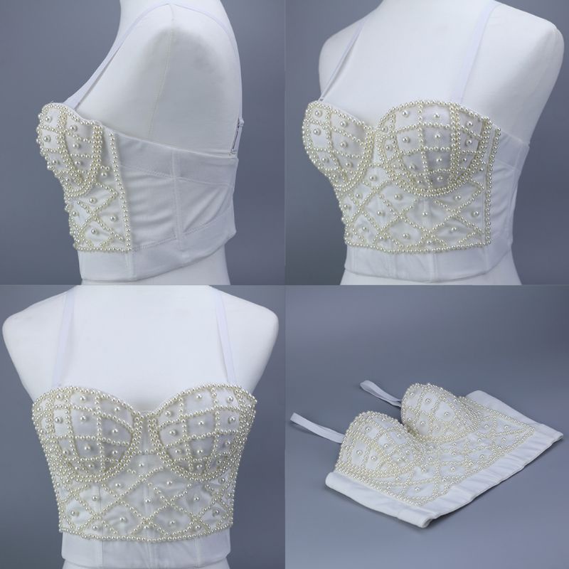 Xiangbao Áo Crop Top Không Tay Đính Hạt Giả Ngọc Trai Gợi Cảm Dây Có Thể Điều Chỉnh Cho Nữ Club B