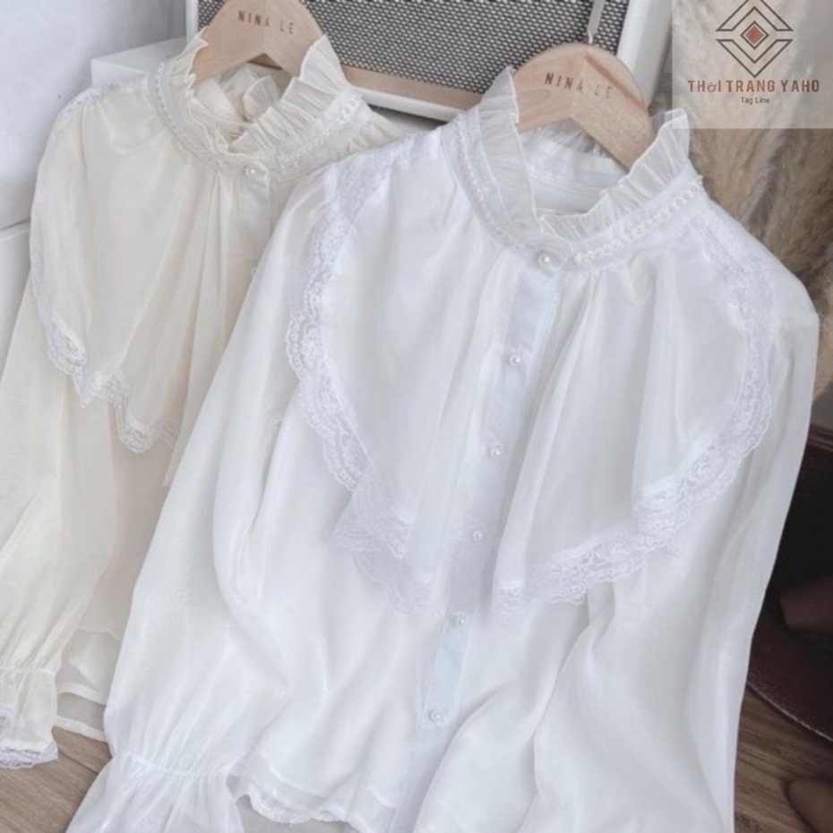 Áo sơ mi nữ kiểu Hàn Quốc bánh bèo tiểu thư đẹp form rộng bigsize cổ ren dài tay phồng màu trắng be - sơ mi nữ họa tiết