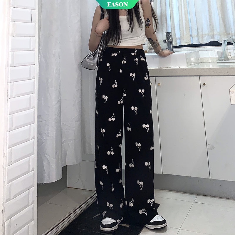 Quần Dài Ống Rộng Lưng Cao In Họa Tiết Cherry Thời Trang Mùa Hè Chất Lượng Cao