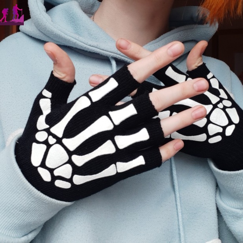 Găng Tay Chống Trượt Hở Ngón Họa Tiết Bộ Xương Phong Cách Gothic