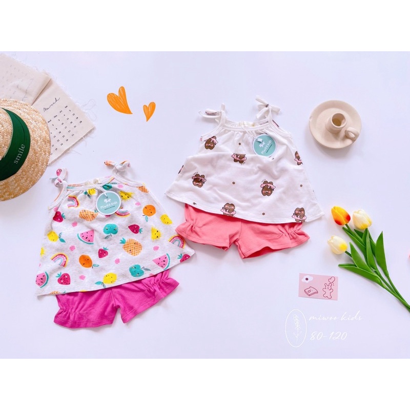 Set bộ bé gái hai dây 1 đến 2 3 4 5 tuổi Miwoo Đồ bộ cho bé gái mặc nhà mỏng mát - SGMC