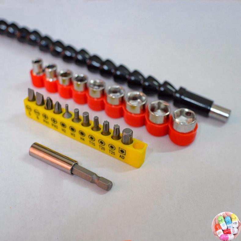 Dây nối dài vặn vít, ống nối mềm vặn vít uốn cong 180 độ + Phụ Kiện Kèm Đầu Khẩu + Mũi Bắt Vít ( Phụ Kiện 22 Chi Tiết )
