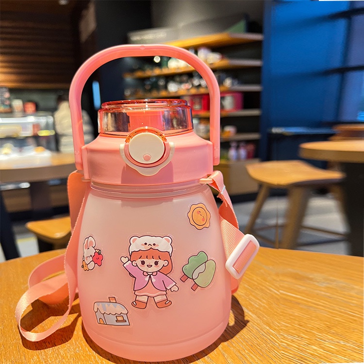 Bình đựng nước cute 1.3 lít có ống hút vạch chia tặng sticker