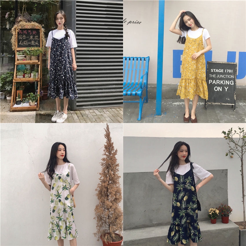 Đầm Hoa Hai Dây Dáng Chữ A Phối Bèo Xinh Xắn Thời Trang Hàn Quốc Cho Nữ