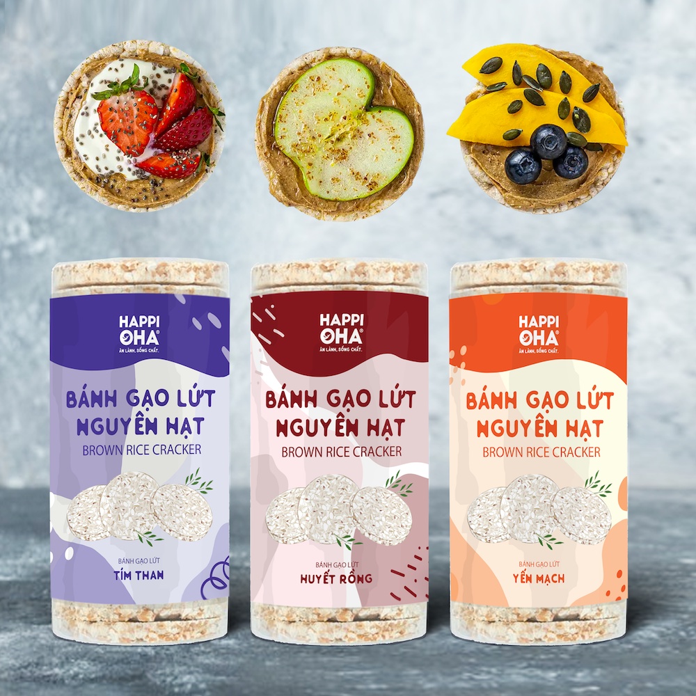 Bánh gạo lứt nguyên hạt HAPPI OHA - Hỗ trợ giảm cân, siết cơ, tập gym, eat clean (3 vị: Yến mạch, Huyết rồng, Tím than)