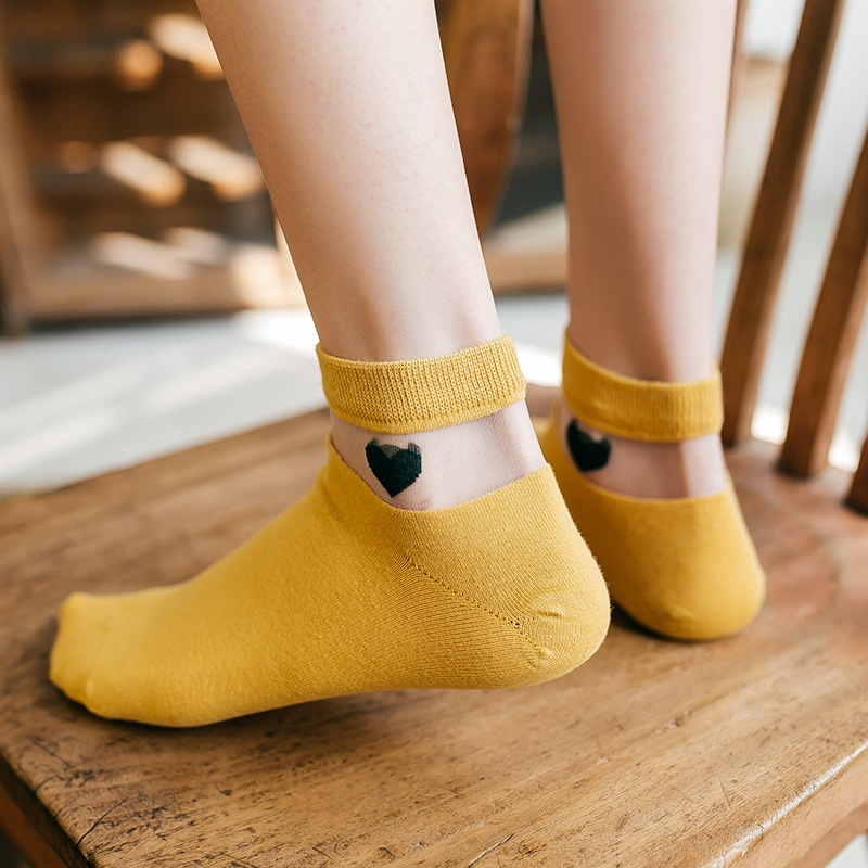 Heart Love Emboridery Women Ankle Socks Summer Fashion Candy Color Transparent Glass Silk Breathable Ladies Socks Girls Hosiery