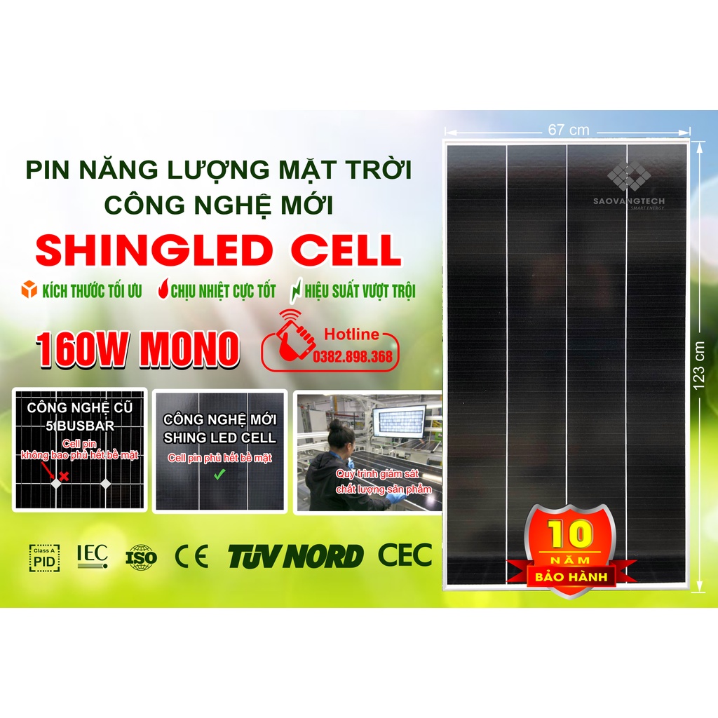 TẤM PIN NĂNG LƯỢNG MẶT TRỜI 160W MONO - CÔNG NGHỆ MỚI SHINGLED CELL