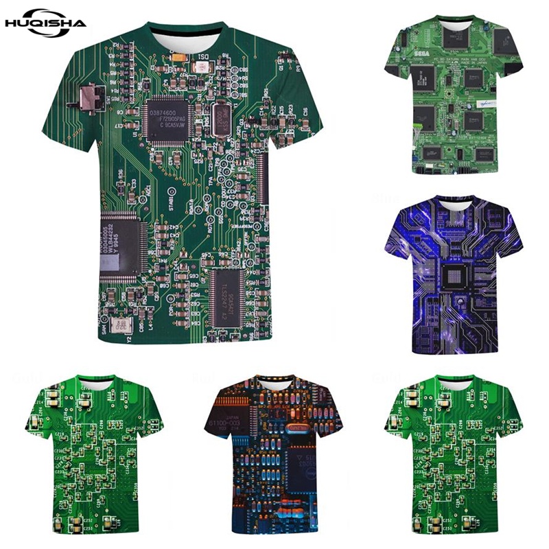 Áo thun HUQISHA tay ngắn in hình chip điện tử 3D thời trang cho nam nữ