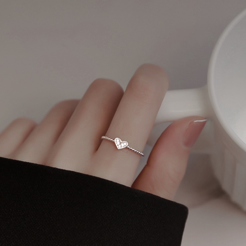 Nhẫn Thép Titan Mạ Bạc 925 Đính Đá Zircon Hình Trái Tim Đơn Giản Thời Trang Có Thể Điều Chỉnh Kích