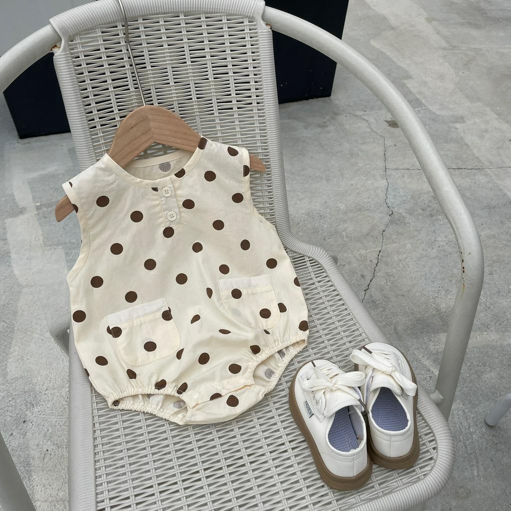 Bộ Áo Liền Quần Sát Nách Dáng Rộng Vải Cotton Họa Tiết Chấm Bi Dễ Thương Thời Trang Mùa Hè Cho Bé Sơ Sinh Từ 0