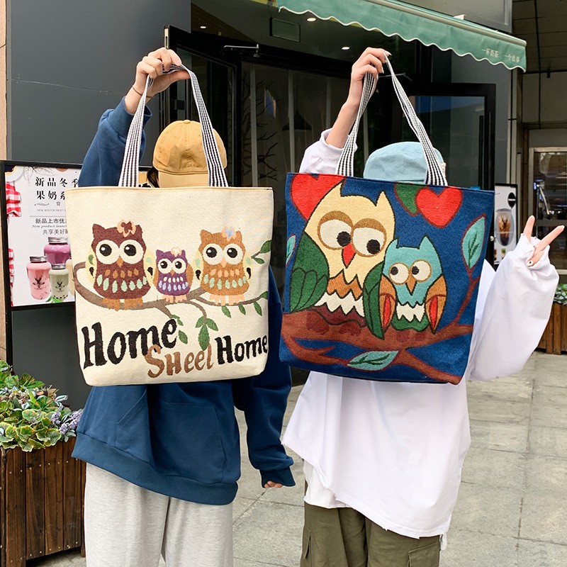 Túi Tote Đeo Chéo Thêu Chim Dễ Thương Phong Cách Ullzzang - Túi Vải Canvas Thời Trang Đeo Vai GN11
