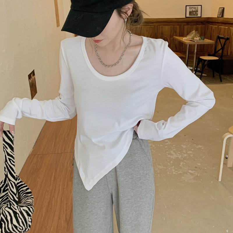 Áo Thun Dài Tay Cổ Tròn Dáng Rộng Thiết Kế Không Đồng Đều Thời Trang Theo Phong Cách Hàn Quốc Cho Nữ