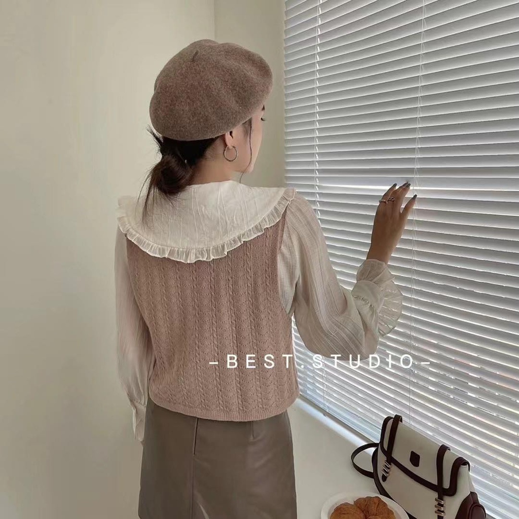 Set sơ mi tơ cổ bèo tiểu thư và yếm len