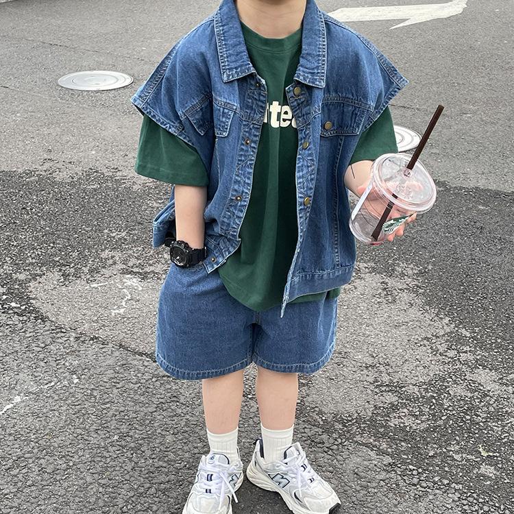 Hàng Mới Về Bộ Áo Khoác Cotton + Quần Short Denim Dáng Rộng Phong Cách Hàn Quốc Thời Trang Xuân Hè Cho Bé Trai / Gái 5 Món