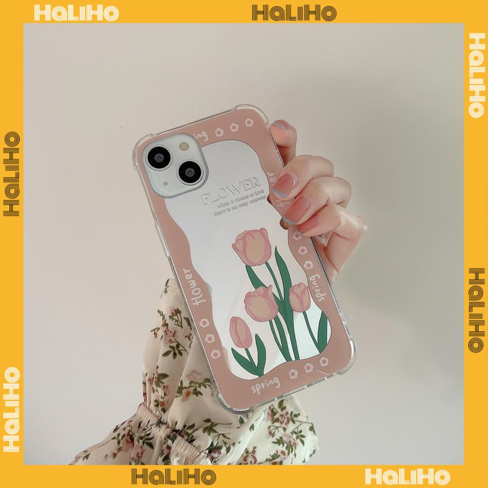 iPhone Case Acrylic HD Makeup Mirror Airbag Shockproof Protection Camera Green Pink Flowers Compatible For iPhone 11 iPhone 13 Pro Max iPhone 12 Pro Max iPhone 7 Plus iPhone xr