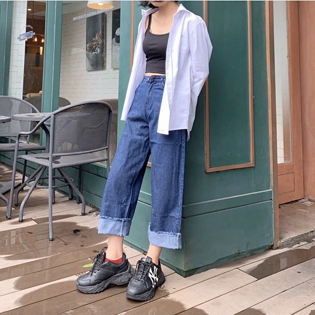 [Size Đại] Quần Suông 9 Tấc Ống Rộng Lai Lật - Lưng Cao Qua Rốn Siêu Tôn Dáng - 2 Màu Đậm / Nhạt Trơn [HOT TREND]