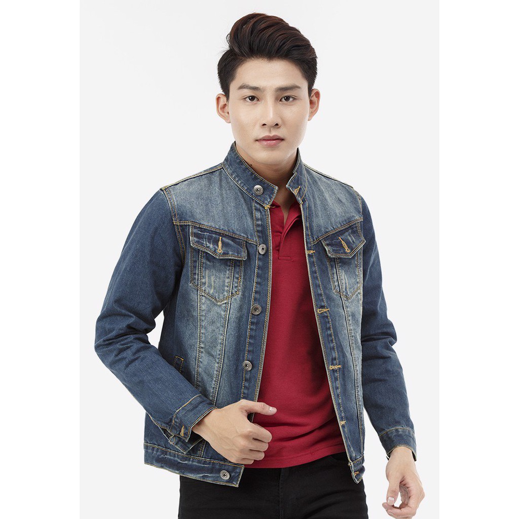Áo khoác jean Cổ trụ AKN452 cổ trụ khuy cài màu xanh dương